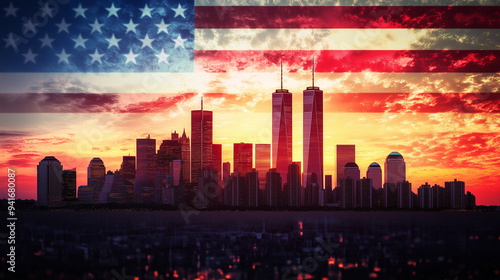 Memorial Day Flier with American Flag and Twin Towers Honoring the Freedom and Courage of 9/11