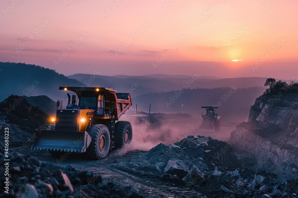 A dump truck driving down a dirt road with a rugged terrain and natural surroundings A dump truck driving down a dirt road with a rugged terrain and natural surroundings