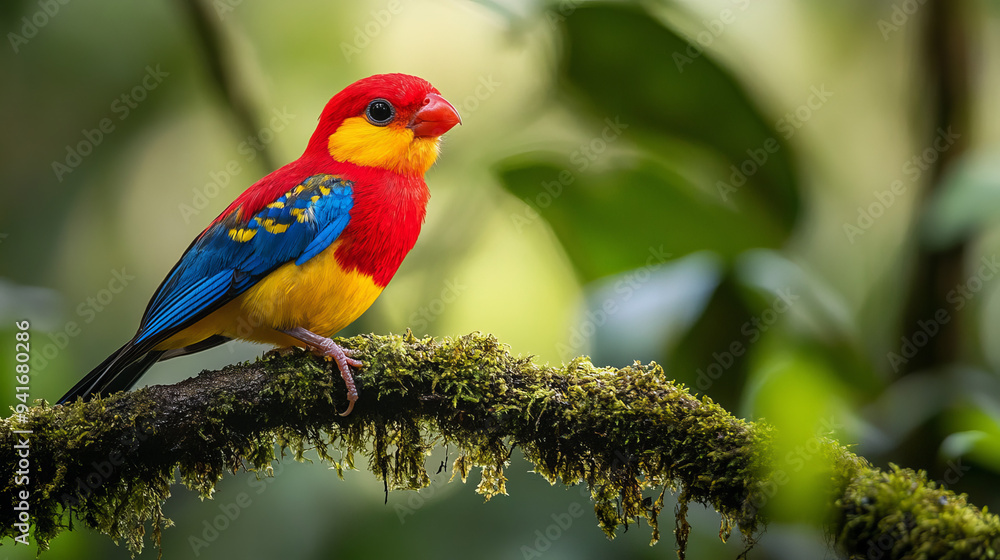 Obraz premium A brilliantly colored macaw perched amidst the lush green canopy of a tropical rainforest, 