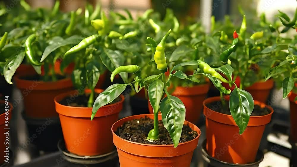 Green chili peppers growing in orange pots. Green chili peppers growing in orange pots.