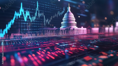 A futuristic visualization of financial data charts overlaid on a government building, symbolizing the intersection of finance, politics, and technology in a digital age.