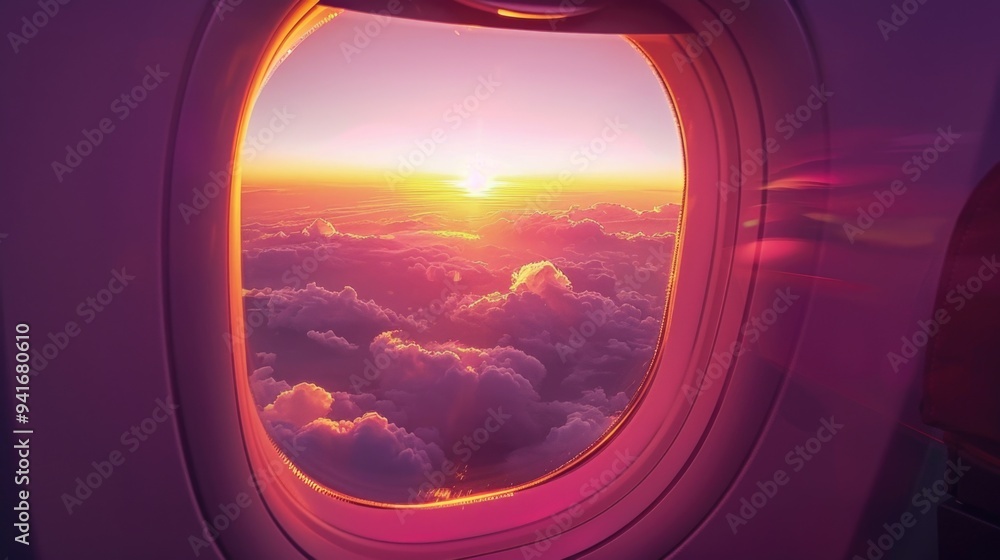 Passengers enjoying sunset view from airplane window Passengers enjoying sunset view from airplane window