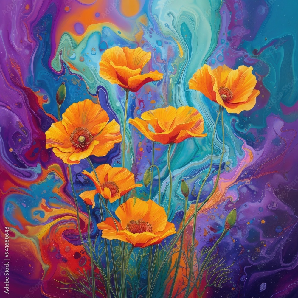 Pattern of Vibrant California Poppies Blooming in Water on vibrant dynamic and energetic feel background - California Poppies orange flowers in the water Pattern of Vibrant California Poppies Blooming in Water on vibrant dynamic and energetic feel background - California Poppies orange flowers in the water