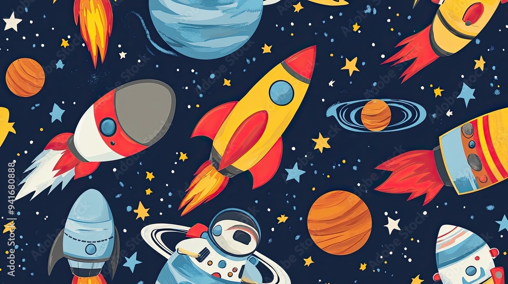 A playful vector background featuring a seamless pattern of cartoon rockets, astronauts, and planets set against a starry sky. A playful vector background featuring a seamless pattern of cartoon rockets, astronauts, and planets set against a starry sky.