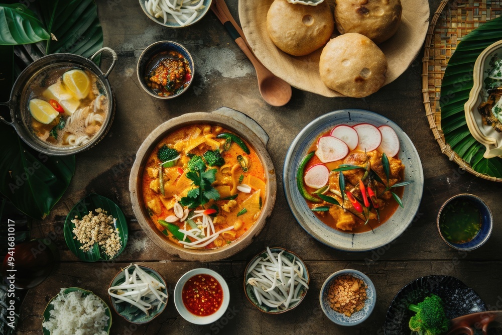 A table filled with various dishes, utensils, and napkins A table filled with various dishes, utensils, and napkins