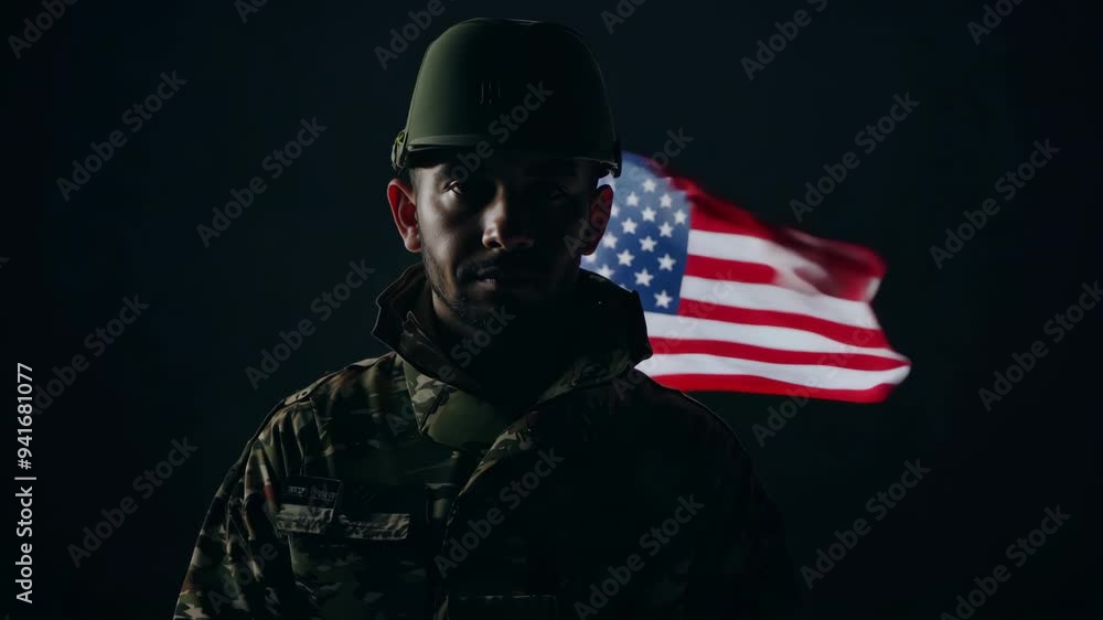 Portrait of American Soldier with USA Flag in Background, Symbol of Courage and Duty Portrait of American Soldier with USA Flag in Background, Symbol of Courage and Duty