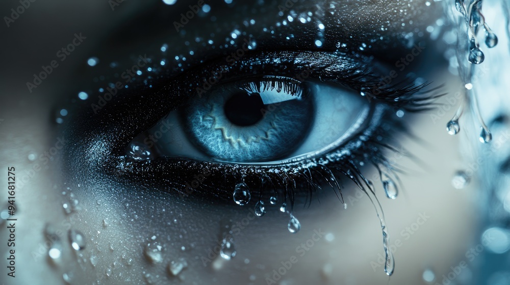 A powerful visual of smoky eye makeup with tears, where realistic water droplets enhance the intensity and emotion A powerful visual of smoky eye makeup with tears, where realistic water droplets enhance the intensity and emotion