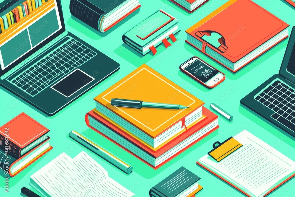 Illustration of educational learning tools set on table created with Generative AI