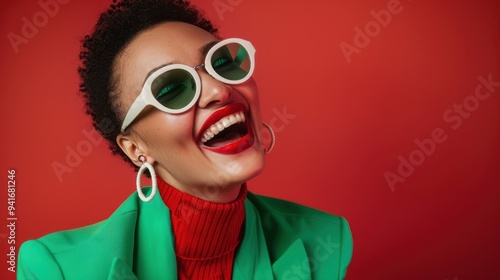 The cheerful woman in sunglasses