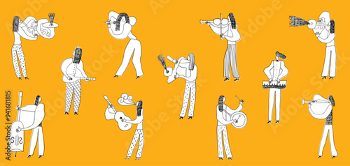 Jazz Band Musicians Doodle Illustration , Isolated Vector Characters Design Element