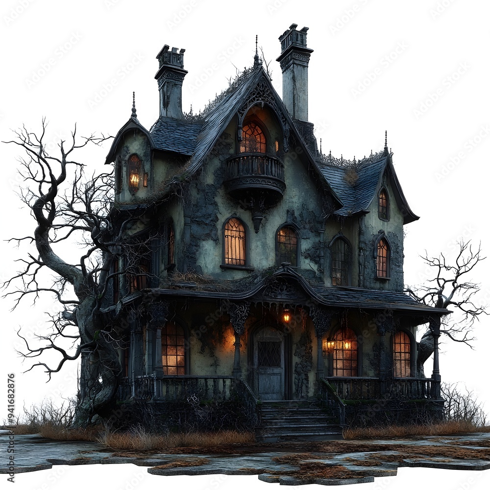 Obraz premium Haunted Manor House on a Stormy Night with Ominous Atmosphere and Gnarled Trees