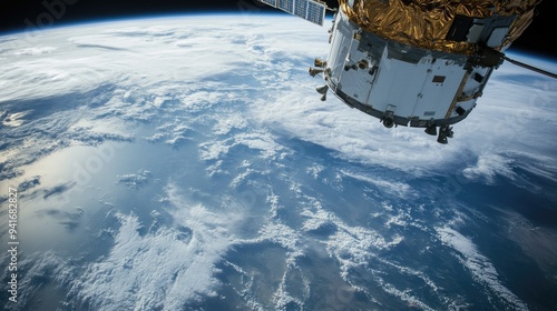 A satellite in space, circling the Earth, with the planetsurface detailed below. photo