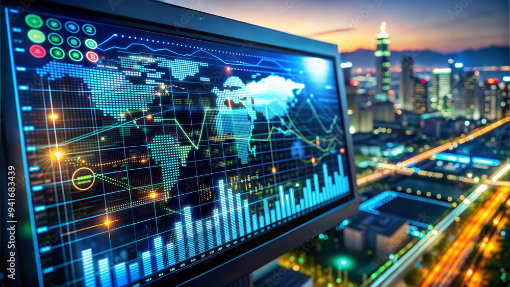 Financial dashboard glowing with data analytics and futuristic charts in urban nightscape Financial dashboard glowing with data analytics and futuristic charts in urban nightscape