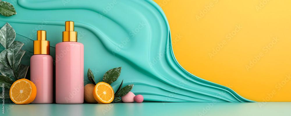 Stylish pink bottles with golden caps surrounded by leaves and citrus fruits on a vibrant turquoise and yellow backdrop. Stylish pink bottles with golden caps surrounded by leaves and citrus fruits on a vibrant turquoise and yellow backdrop.