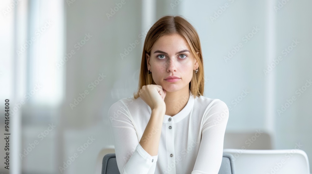A young woman in a modern office setting, thoughtfully contemplating her next move with a serious expression. A young woman in a modern office setting, thoughtfully contemplating her next move with a serious expression.