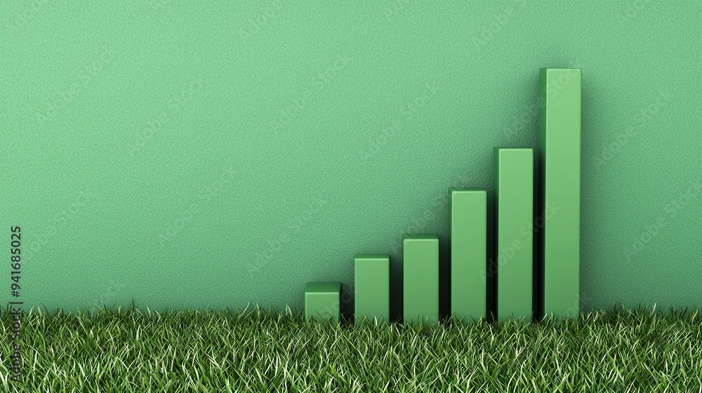 Green bar chart on a grassy field, environmental progress, 3D illustration Green bar chart on a grassy field, environmental progress, 3D illustration