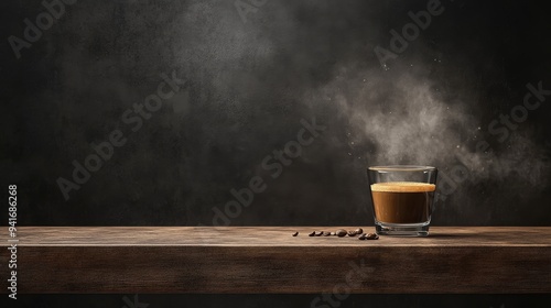 Wallpaper Mural A glass of espresso on a wooden table with coffee beans and steam in a dark setting. Torontodigital.ca