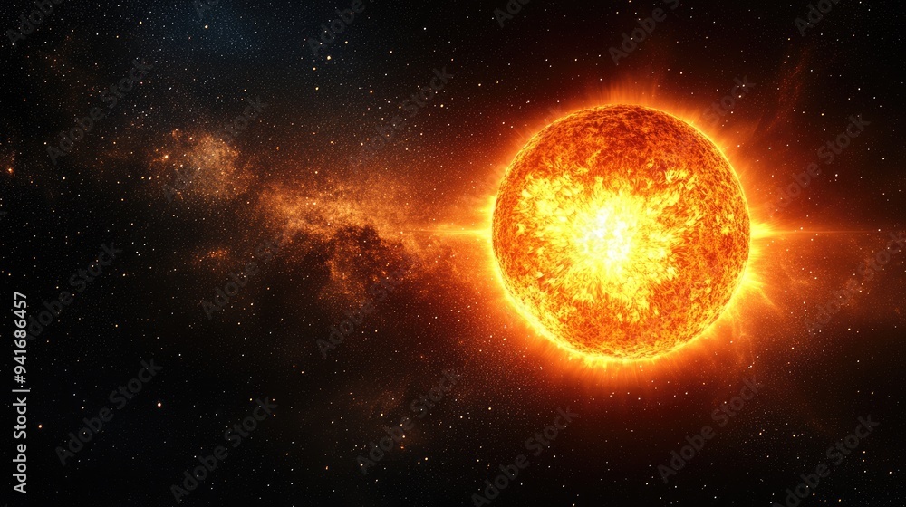 A stunning image of the bright sun against a dark starry sky, showcasing the contrast between the intense light of the sun A stunning image of the bright sun against a dark starry sky, showcasing the contrast between the intense light of the sun