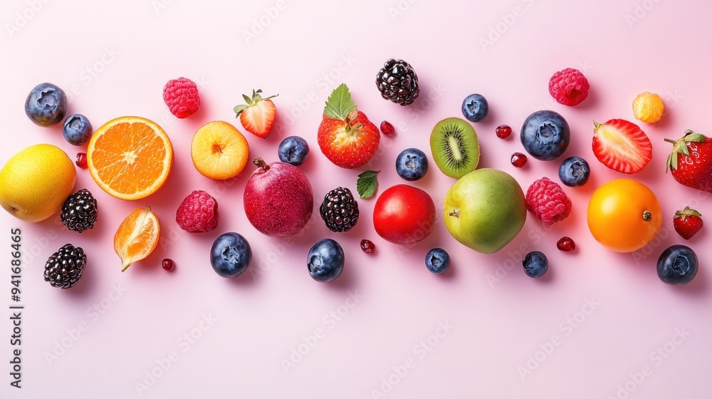 Fresh Fruit Arrangement on Pink Background Fresh Fruit Arrangement on Pink Background