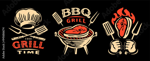 Meat bbq restaurant logos set concept, vector illustration. Barbecue and grill food labels, emblems and badges