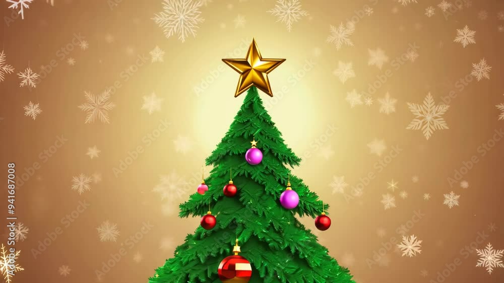 Decorated Christmas Tree with Golden Star and Ornaments, Festive Holiday Spirit Decorated Christmas Tree with Golden Star and Ornaments, Festive Holiday Spirit