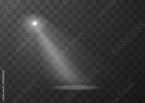 Scene illumination, bright lighting, vector white projector light beam, blur rays radiance from top, spotlight effect