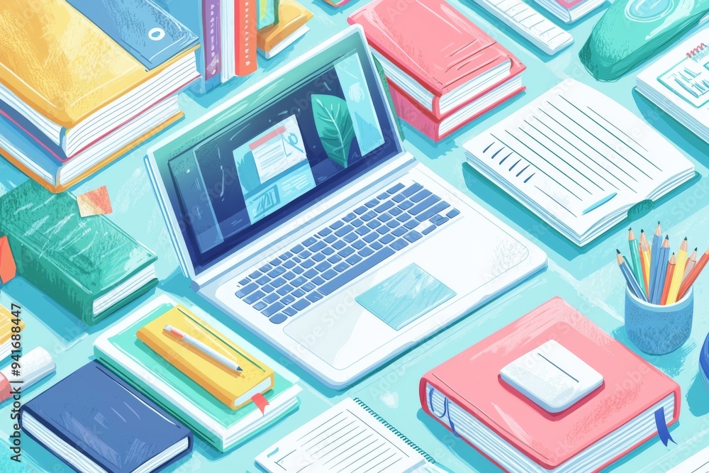 Illustration of educational learning tools set on table created with Generative AI Illustration of educational learning tools set on table created with Generative AI
