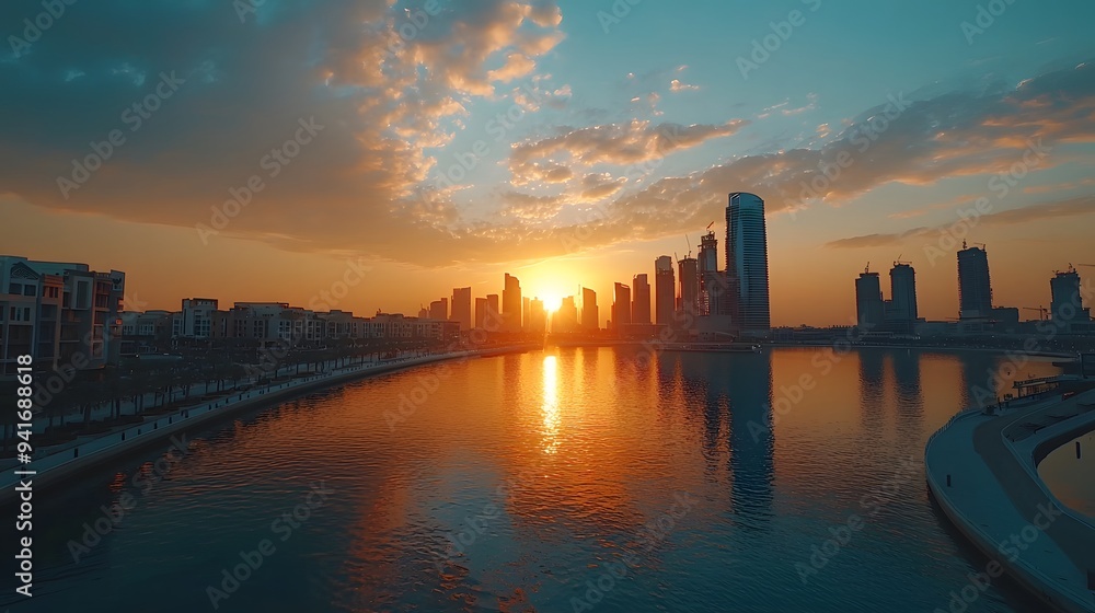 Stunning sunset over a city skyline reflecting on calm waters. Stunning sunset over a city skyline reflecting on calm waters.