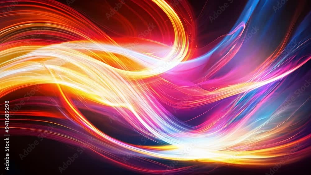 Bright light trails swirl in vibrant colors, creating an abstract display against a deep black background, evoking energy and movement. Bright light trails swirl in vibrant colors, creating an abstract display against a deep black background, evoking energy and movement.