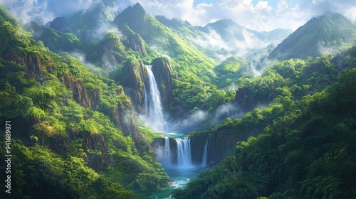 Cascading waterfall through lush, verdant mountains, with mist rising from the turbulent waters. The vibrant green rainforest creates a breathtaking sense of scale