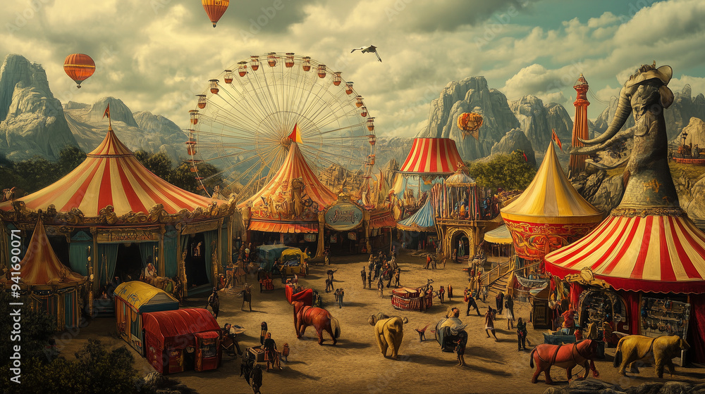 Obraz premium Visitors enjoying a day at the circus, with animals, performers, and a vintage feel, set against a surreal mountainscape background