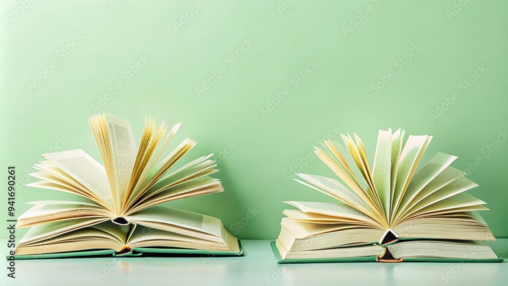 Fototapeta premium Two Open Books on a Mint Green Background