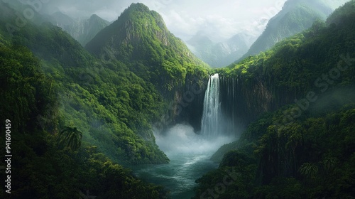 Cascading waterfall through lush, verdant mountains, with mist rising from the turbulent waters. The vibrant green rainforest creates a breathtaking sense of scale