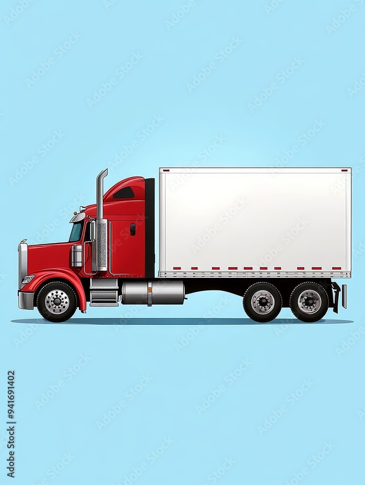A illustration of a red semi-truck with a white trailer. The truck is depicted in a flat design style, with clean lines and simple shapes. This illustration symbolizes transportation, logistics, deli A illustration of a red semi-truck with a white trailer. The truck is depicted in a flat design style, with clean lines and simple shapes. This illustration symbolizes transportation, logistics, deli