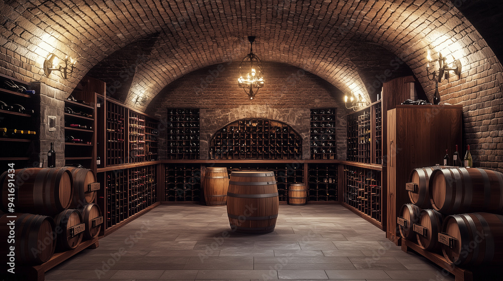 Fototapeta premium Estetyczna piwnica winna, ulokowana pod ziemią, z charakterystycznym łukowym sufitem z cegły, w której znajdują się drewniane beczki oraz starannie poukładane butelki wina na drewnianych regałach.