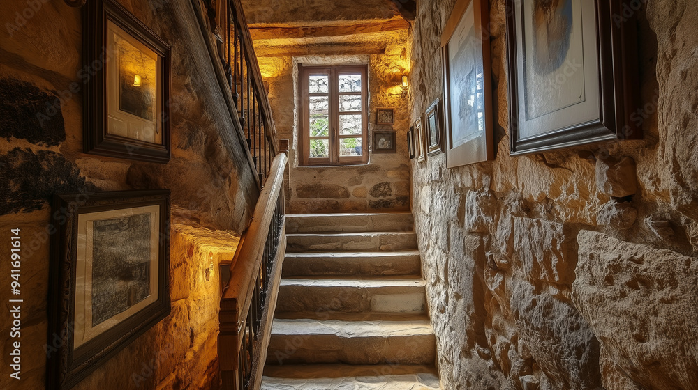Obraz premium Atrakcyjna, rustykalna klatka schodowa w starym kamiennym budynku, oświetlona światłem naturalnym wpadającym przez małe okno, z wiekowymi ścianami.