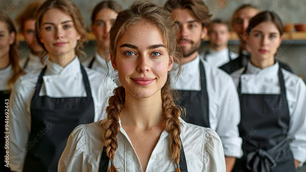 Many waiters and waitresses are arranged in a row. Many waiters and waitresses are arranged in a row.