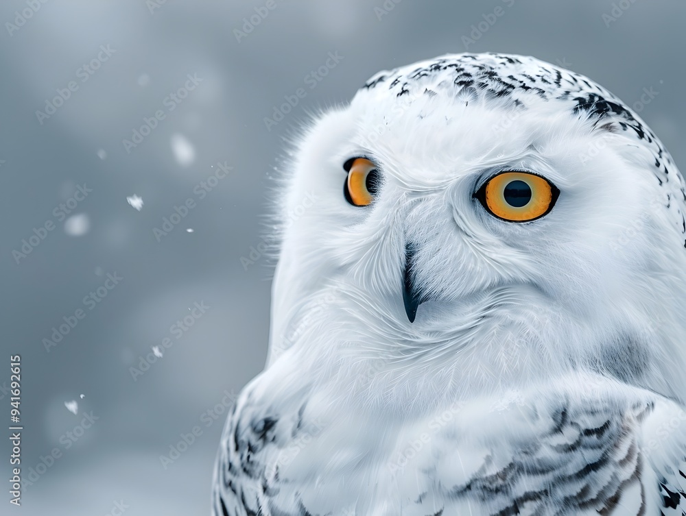Fototapeta premium Majestic Snowy Owl with Piercing Yellow Eyes in a Frosty Landscape