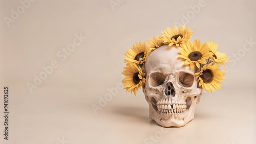 Human Skull Adorned with a Wreath of Sunflowers photo