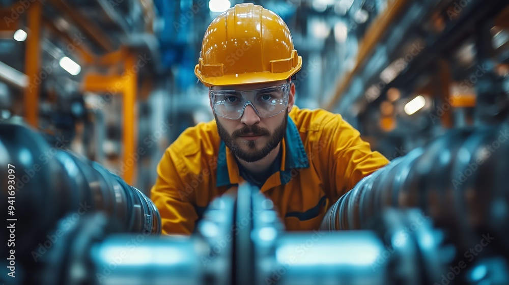 A worker clad in yellow overalls and wearing a safety helmet stands amidst complex machinery at an industrial manufacturing plant. A worker clad in yellow overalls and wearing a safety helmet stands amidst complex machinery at an industrial manufacturing plant.