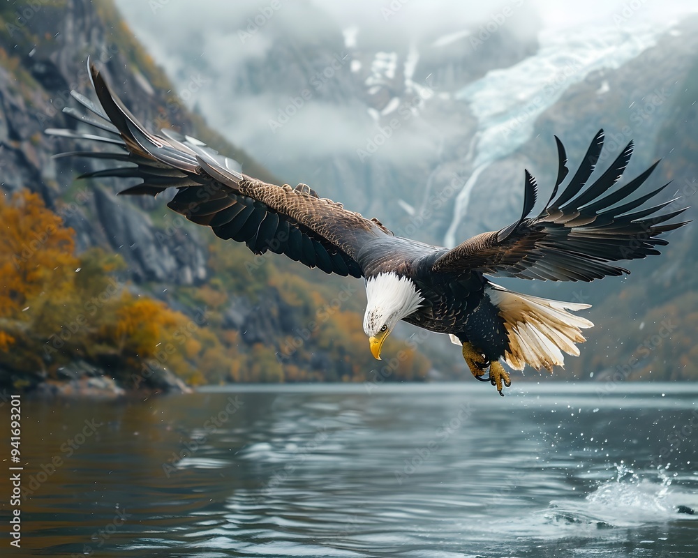 Fototapeta premium Majestic Bald Eagle Soaring Over Mountain River Scenery in Wilderness