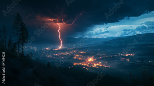 Oszałamiający widok nocnego krajobrazu, oświetlony przez potężny piorun, który uwydatnia odległe światła miasta i okoliczny teren.