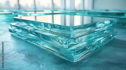 Glass stacked for window industrial construction. Abstract geometric texture. Pile pieces of thick material of glazier