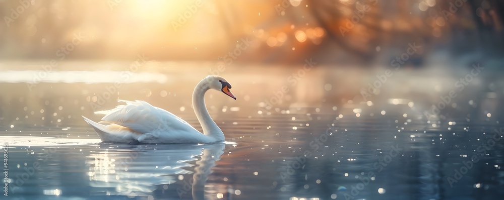 Fototapeta premium Elegant Swan Gliding on a Serene Lake with Reflections of the Sunset Glow