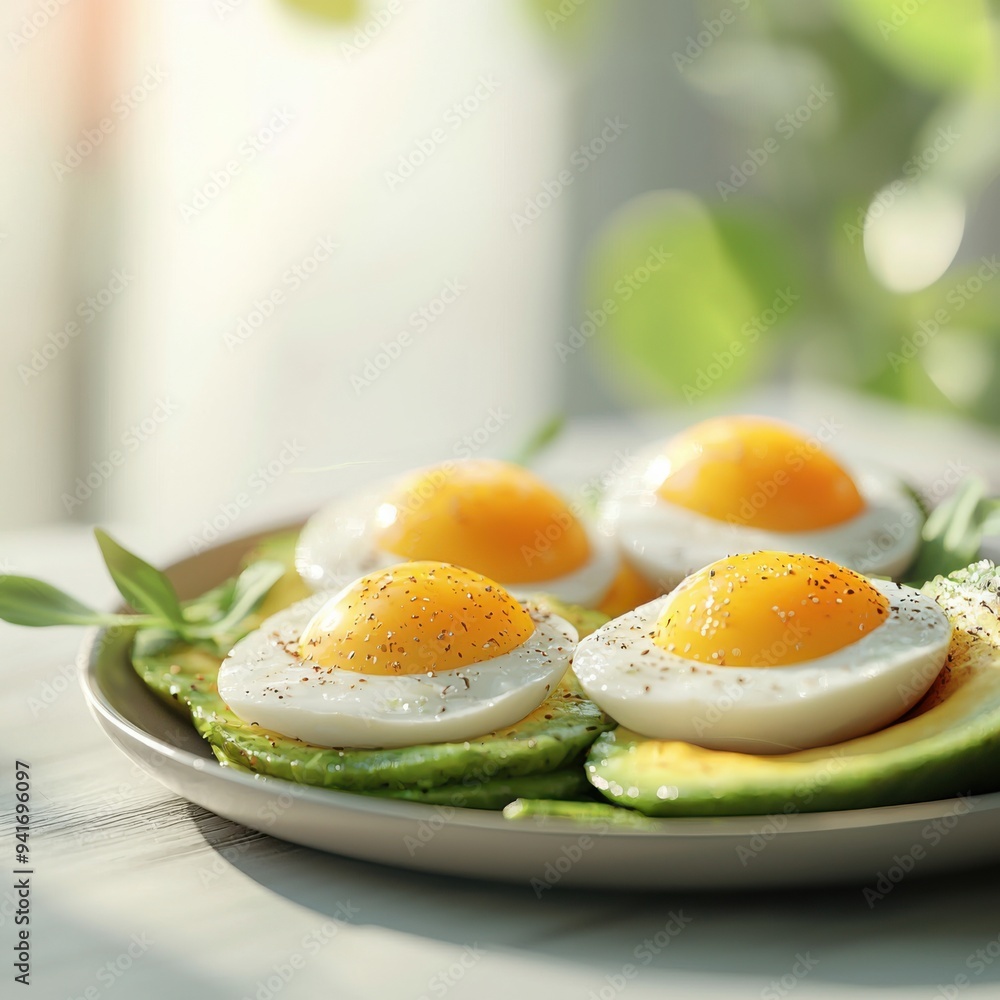 Delicious fried eggs on a bed of fresh greens, showcasing vibrant colors and appealing textures in a serene kitchen setting. Delicious fried eggs on a bed of fresh greens, showcasing vibrant colors and appealing textures in a serene kitchen setting.