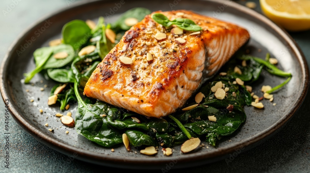 Freshly grilled salmon served on a bed of spinach with almonds and a lemon wedge on the side Freshly grilled salmon served on a bed of spinach with almonds and a lemon wedge on the side