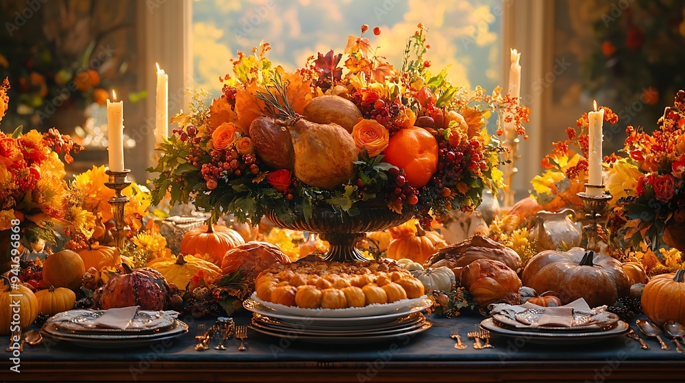 A Thanksgiving table setting with candles, pumpkins, fruit, and a centerpiece of autumnal flowers and gourds. A Thanksgiving table setting with candles, pumpkins, fruit, and a centerpiece of autumnal flowers and gourds.