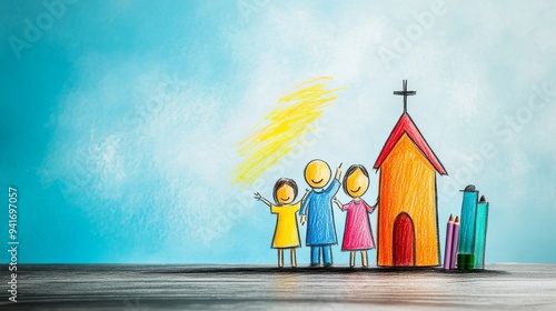 Family Faith: A stick figure family finds joy and unity in their church, rendered in vibrant crayon against a hopeful blue sky. 