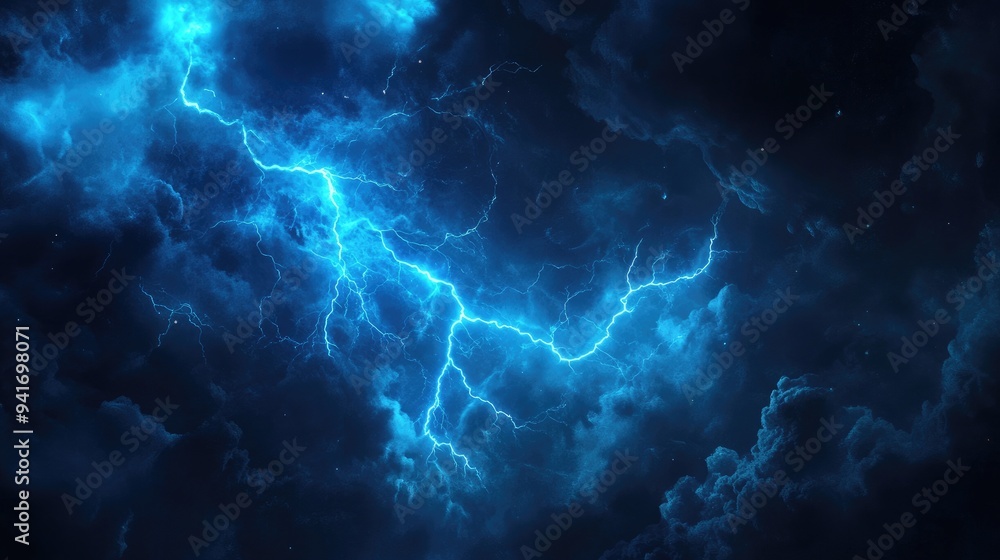 Dramatic forked lightning strike against ominous storm clouds, the electric blue glow illuminating the night sky, showcasing the raw power of nature's fury. Dramatic forked lightning strike against ominous storm clouds, the electric blue glow illuminating the night sky, showcasing the raw power of nature's fury.