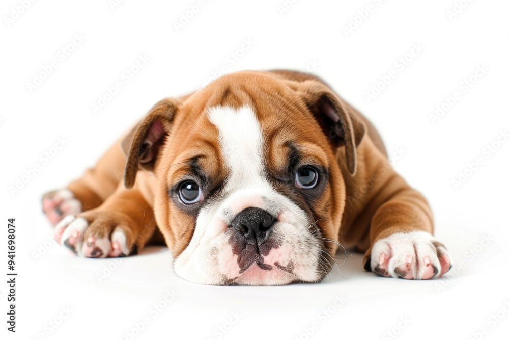 A brown and white dog lying down on a white surface, suitable for use in pet-related or lifestyle photography A brown and white dog lying down on a white surface, suitable for use in pet-related or lifestyle photography